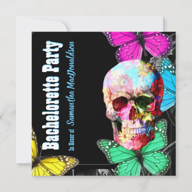 Floral skull and butterflies bachelorette party invitation (Front)