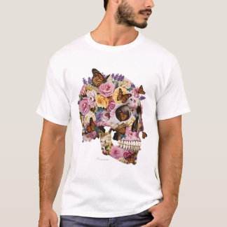Floral Skull and Monarch Butterflies Artistic T-Sh T-Shirt