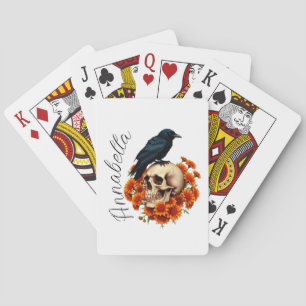 Floral Skull and Raven Personalized Name Poker Cards