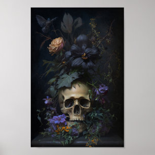 Floral Skull Art - Vintage Style Gothic Poster