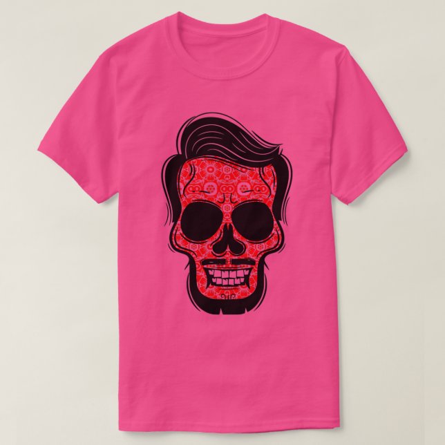 Floral Skull Beard Skull with Beard and Mustache F T-Shirt (Design Front)