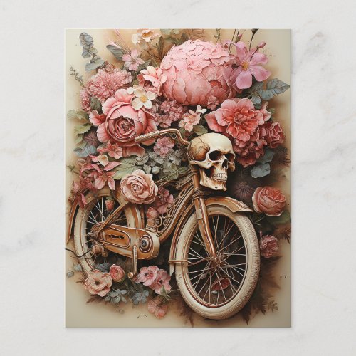 Floral Skull Bicycle Watercolor Postcard