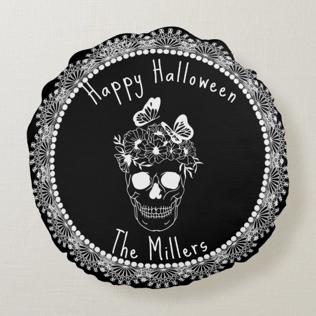 Floral Skull Black White Lace Halloween  Round Pillow (Back)