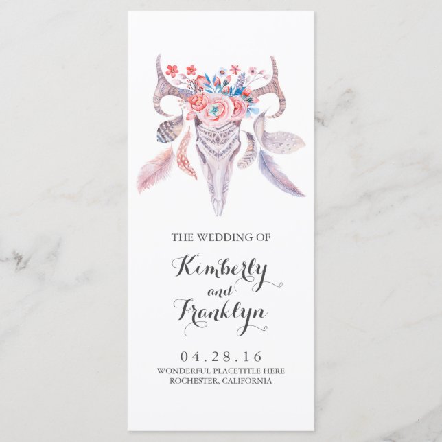 floral skull boho watercolor wedding programs (Front)