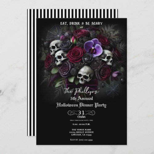 Floral Skull Bouquet Gothic Halloween Dinner Party Invitation