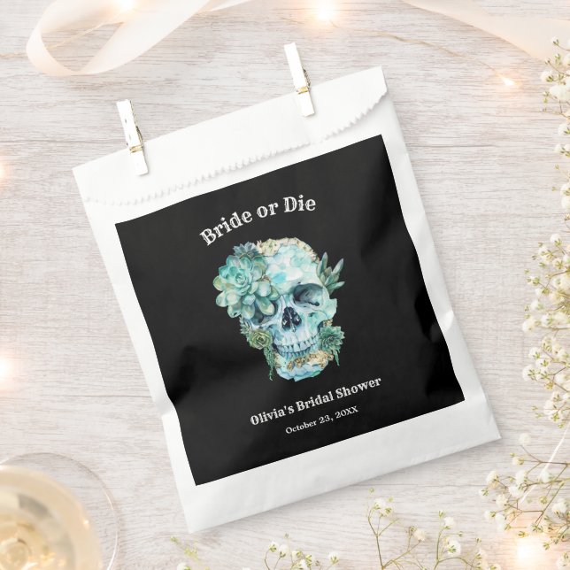 Floral Skull Bride or Die Halloween Bridal Shower Favor Bag (Clipped)