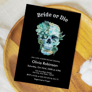 Floral Skull Bride or Die Halloween Bridal Shower Invitation