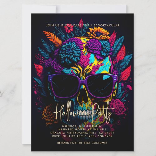 FLORAL SKULL Colorful Adult Halloween Party Invitation