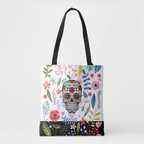 Floral Skull  Colorful Botanical Flowers  Leafs Tote Bag