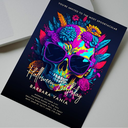 FLORAL SKULL Colorful Halloween Birthday Party Invitation