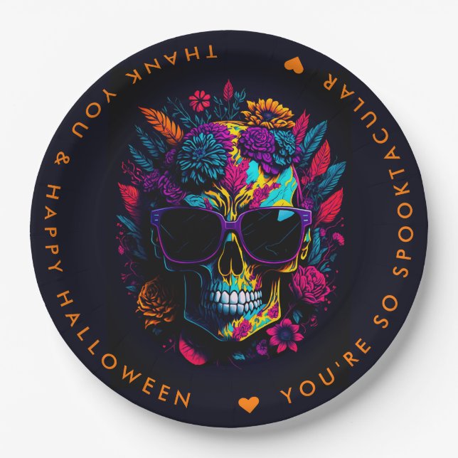 FLORAL SKULL Colorful Halloween Party Paper Plates (Front)