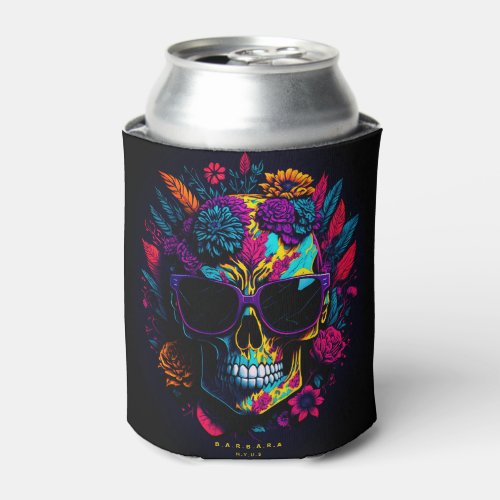 Floral Skull Colorful Retro Halloween Monogram Can Cooler