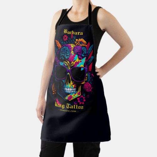 Floral Skull Colorful Tattoo Artist Employee  Apron