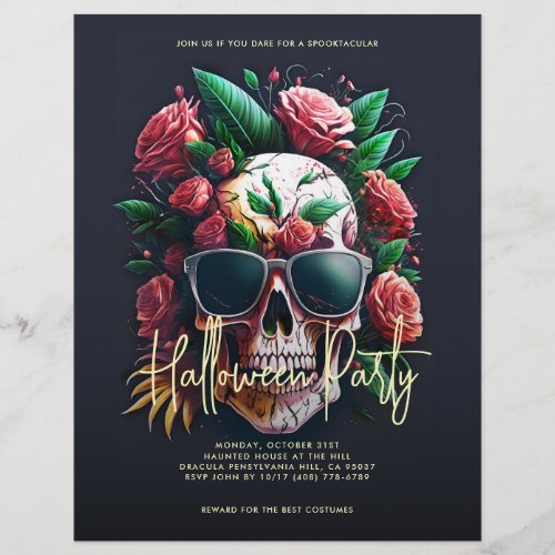 Floral Skull Dark Grey Halloween Party Flyer