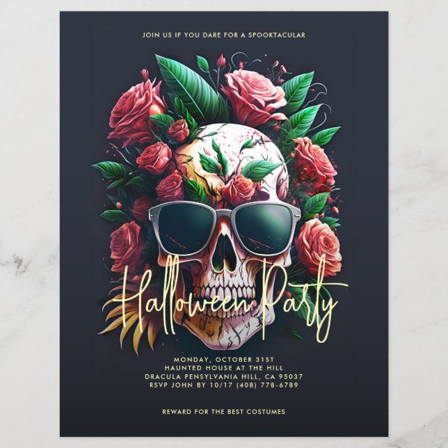 Floral Skull Dark Grey Halloween Party Flyer (Front)
