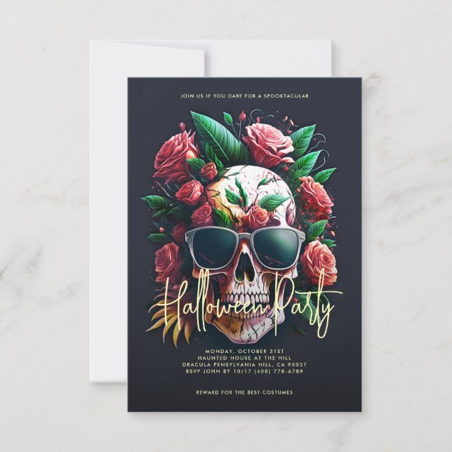 Floral Skull Dark Grey Halloween Party Invitation (Front)