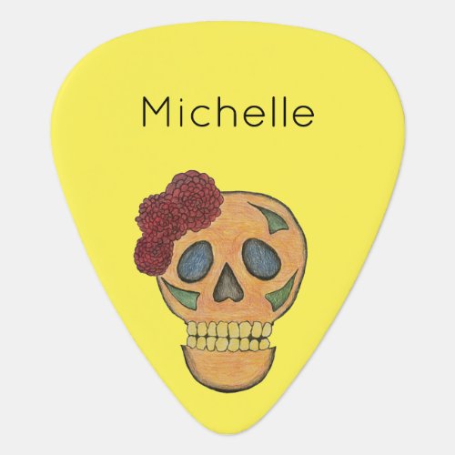 Floral Skull Day of the Dead Skeleton Yellow Guitar Pick