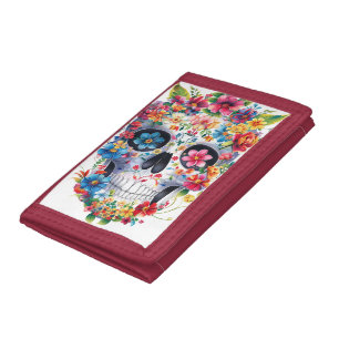 Floral Skull Design Tri-fold Wallet