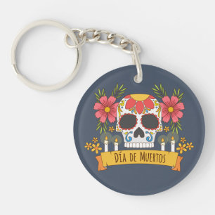 Floral Skull Dia de los Muertos Keychain