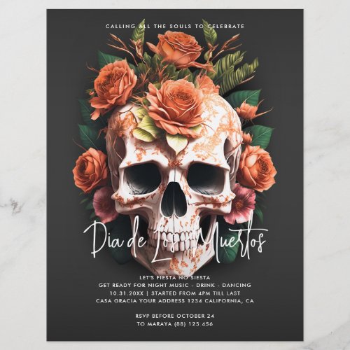 Floral Skull Dia De Los Muertos Party Invitation Flyer