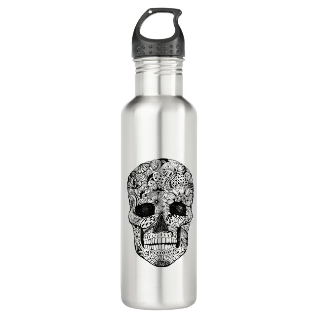 Floral Skull Doodle Stainless Steel Water Bottle (Front)