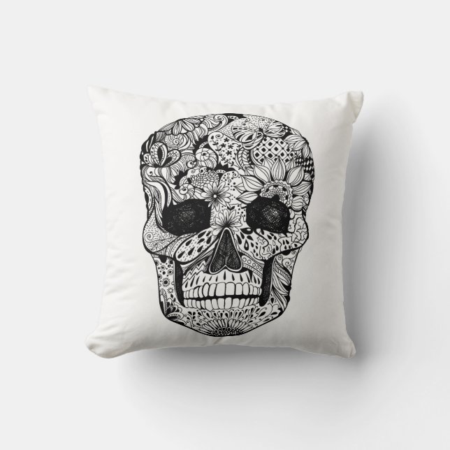 Floral Skull Doodle Throw Pillow (Front)