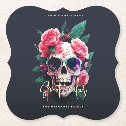 Floral Skull Faboolous Spooktacular Family Name  Paper Coaster