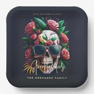 Floral Skull Faboolous Spooktacular Family Name Paper Plates
