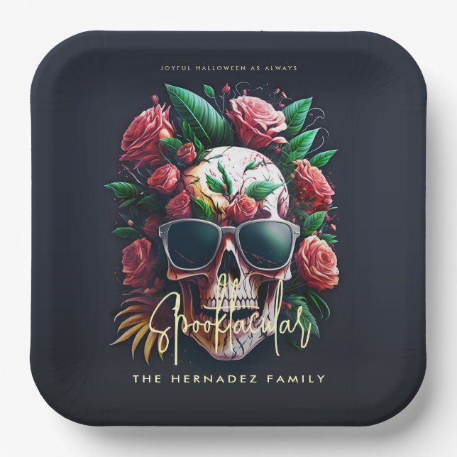 Floral Skull Faboolous Spooktacular Family Name  Paper Plates (Front)