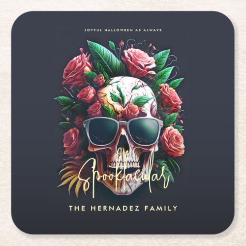 Floral Skull Faboolous Spooktacular Family Name  Square Paper Coaster