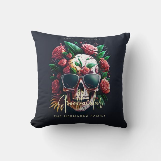 Floral Skull Faboolous Spooktacular Family Name  Throw Pillow (Front)