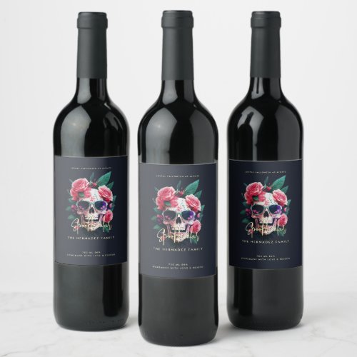 Floral Skull Faboolous Spooktacular Family Name  Wine Label