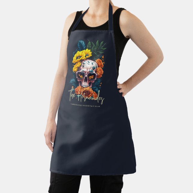 Floral Skull Family Name Halloween Monogram  Apron (Insitu)