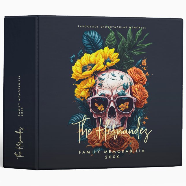 Floral Skull Family Name Halloween Photo Album 3 Ring Binder (Front/Spine)