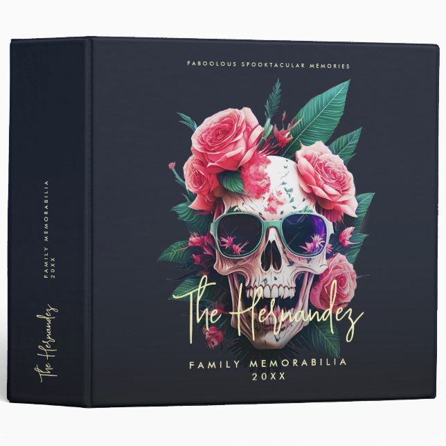 Floral Skull Family Name Halloween Photo Album 3 Ring Binder (Front/Spine)