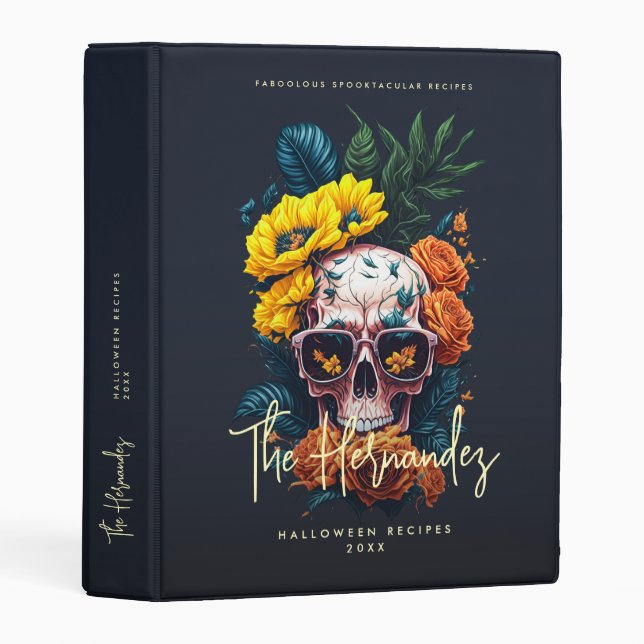 Floral Skull Family Name Halloween Recipes Mini Binder (Front/Spine)