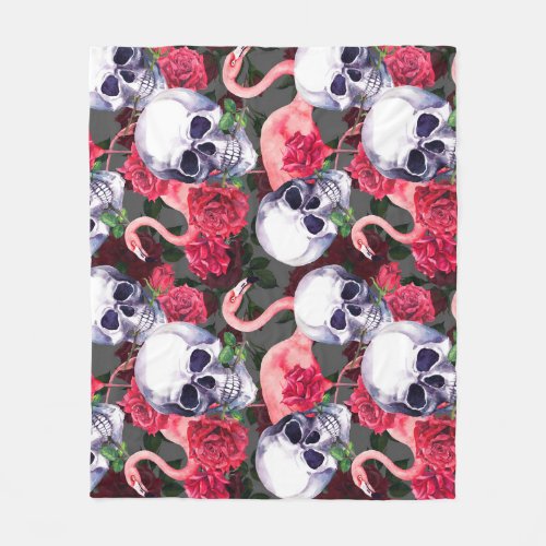 Floral skull flamingo seamless pattern fleece blanket