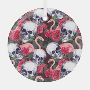 Floral skull, flamingo seamless pattern. glass ornament