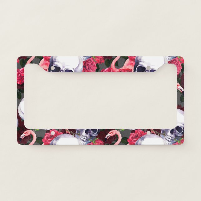 Floral skull, flamingo seamless pattern. license plate frame (Front)