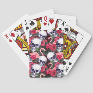Floral skull, flamingo seamless pattern. poker cards