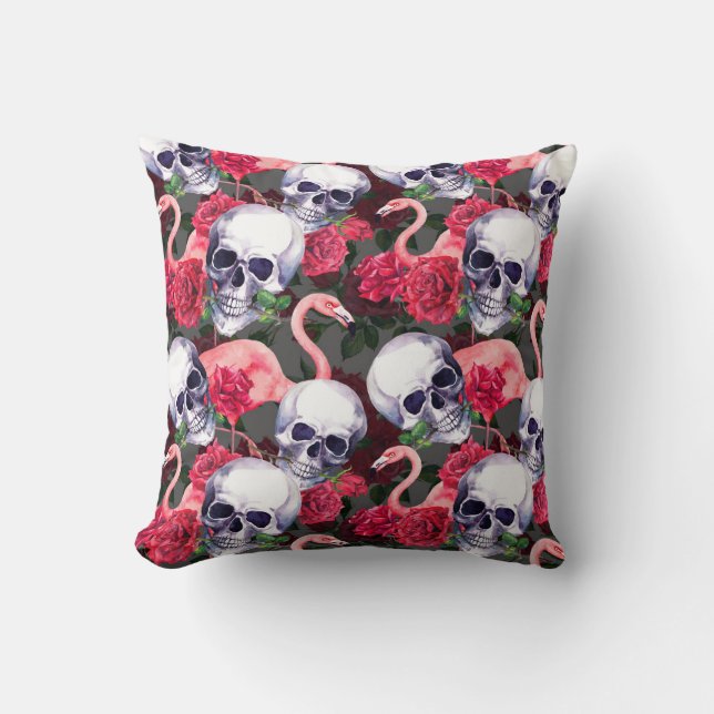Floral skull, flamingo seamless pattern. throw pillow (Front)