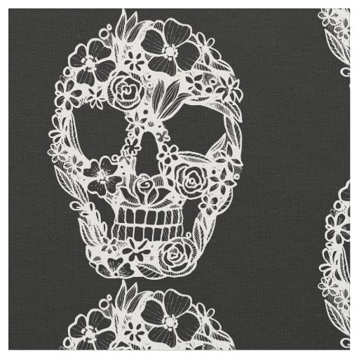 floral skull flowers intricate gothic white fabric