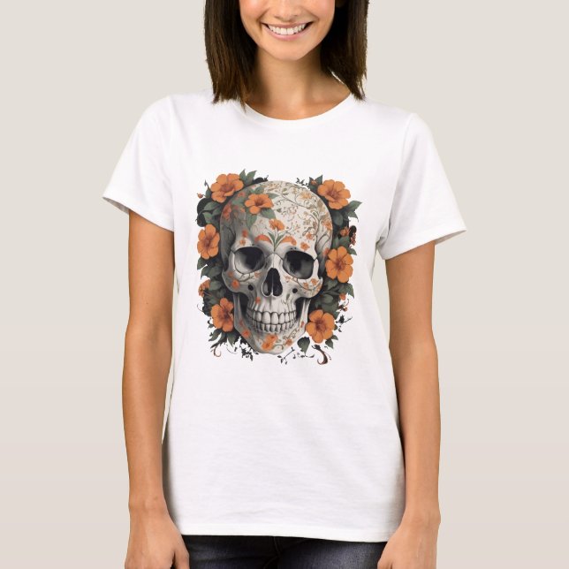 Floral Skull Fusion – Edgy & Elegant Vector Design T-Shirt (Front)