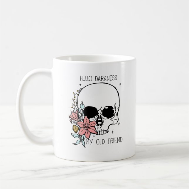 Floral Skull Goth "Hello Darkness" Art Coffee Mug (Left)