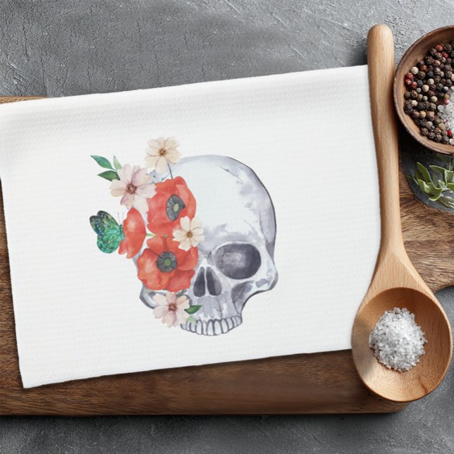 Floral Skull Goth Kitchen Towel (Boho Halloween Skull Towel)