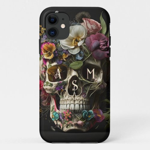 Floral Skull Goth Pagan Monogram Initials iPhone 11 Case