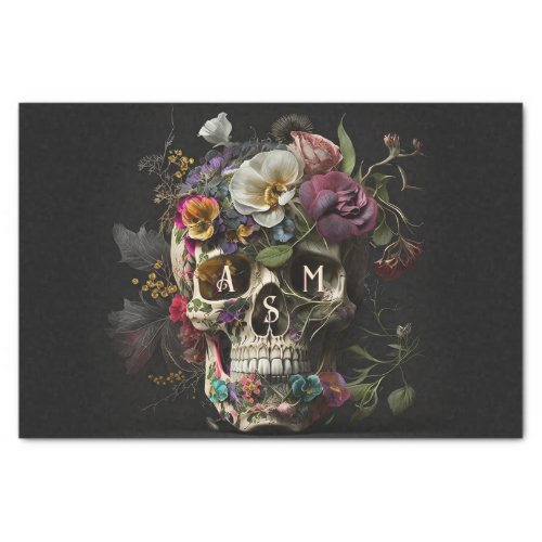 Floral Skull Goth Pagan Monogram Initials Tissue Paper