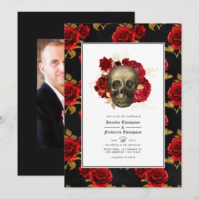 Floral Skull Gothic Wedding Photo Invitation (Front/Back)