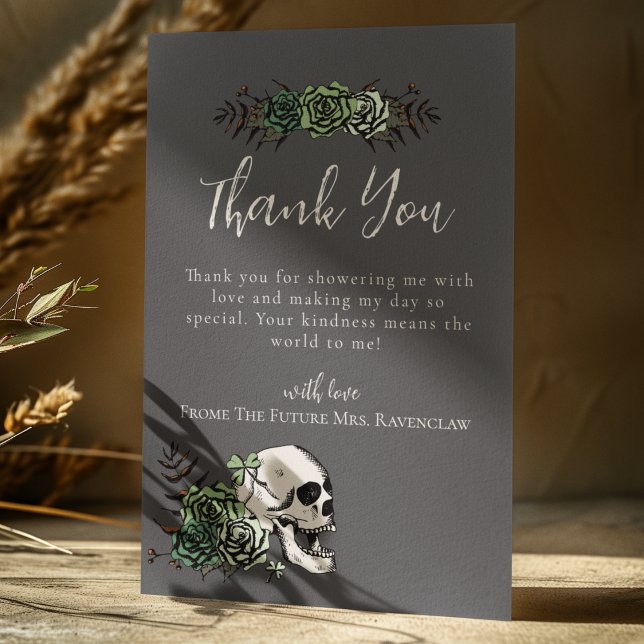 Floral Skull Green Roses Gothic Bridal Shower Thank You Card (Black Irish Gothic Thank You Card for Bridal Shower or St. Patrick's Day. Hand Drawn Skull & Roses)