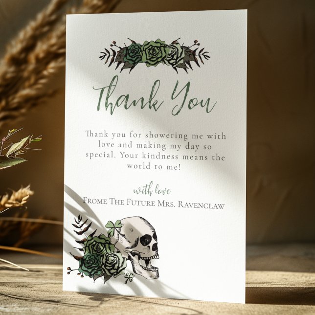 Floral Skull Green Roses Gothic Bridal Shower Thank You Card (Elegant Irish Gothic Thank You Card for Bridal Shower or St. Patrick's Day. Hand Drawn Skull & Roses)